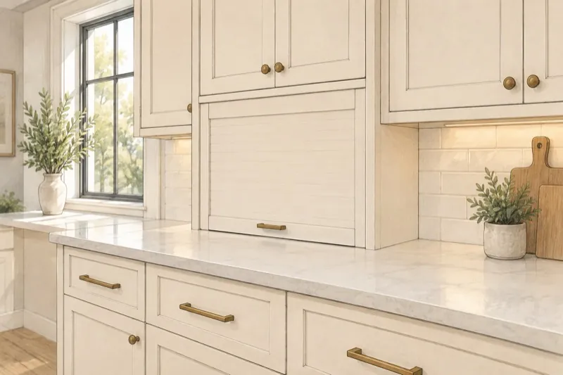 Hand-drawn kitchen illustration with a closed roll-up (tambour) appliance-garage door between the upper cabinets and the counter.