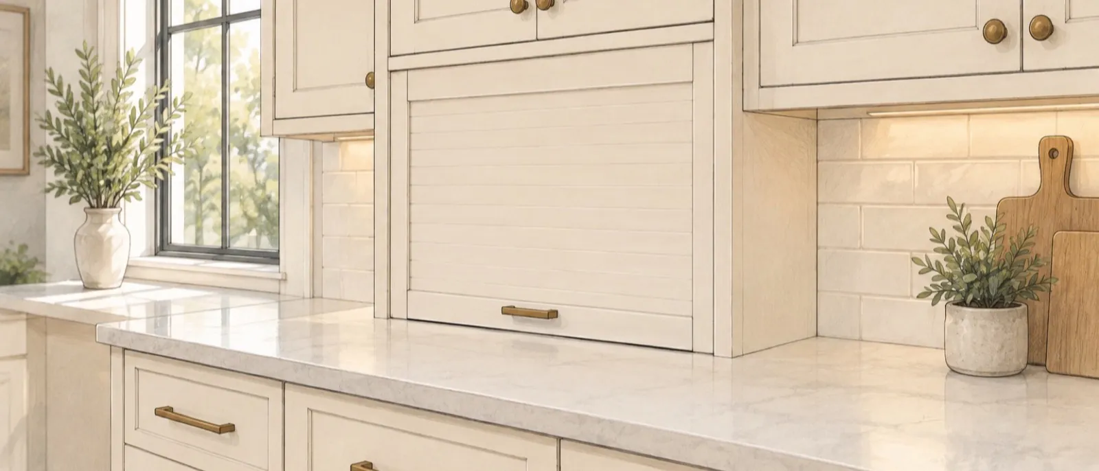 Hand-drawn kitchen illustration with a closed roll-up (tambour) appliance-garage door between the upper cabinets and the counter.