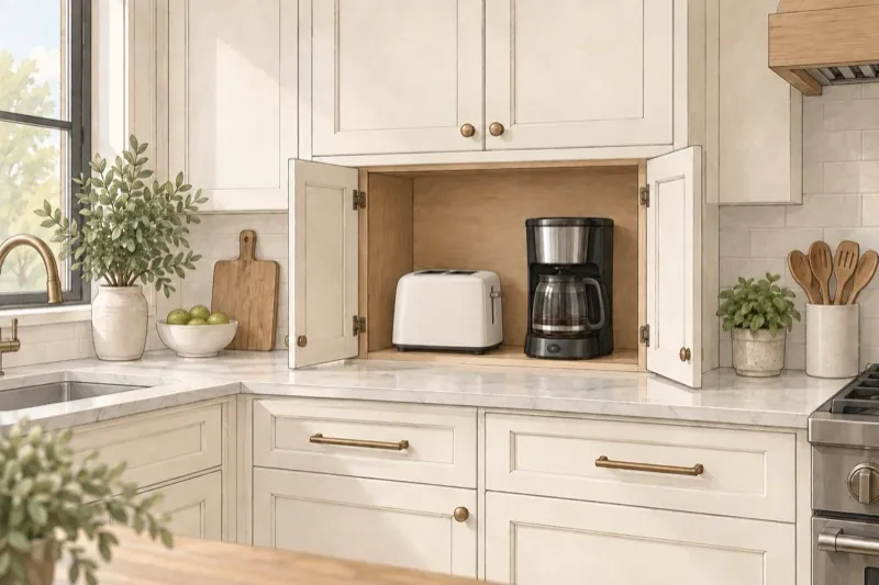 Hand-drawn kitchen illustration with two hinged appliance-garage doors open and a plain toaster and coffee maker inside.