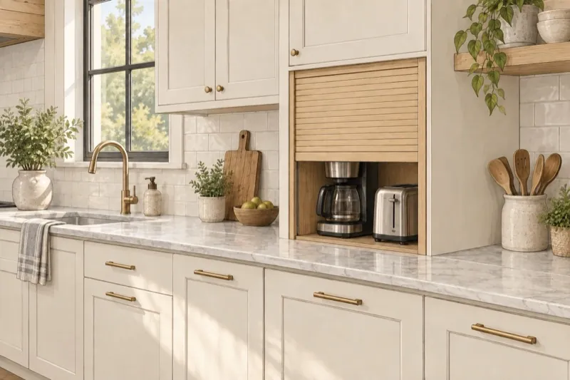 Hand-drawn kitchen illustration with a slatted tambour door half raised over a coffee maker and toaster.