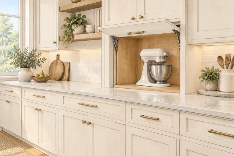 Hand-drawn kitchen illustration with a lift-up panel raised above a plain stand mixer.