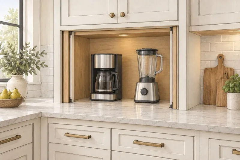 Hand-drawn kitchen illustration with both appliance-garage doors retracted into side pockets and a coffee maker and blender inside.