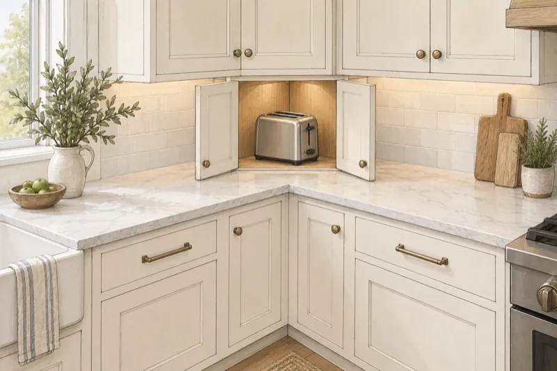 Hand-drawn L-shaped kitchen corner with two small garage doors open around a plain toaster.