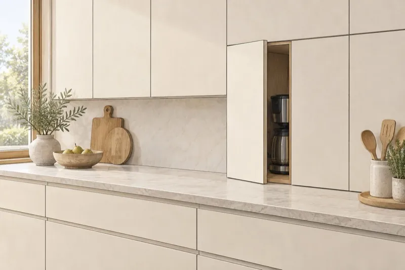 Hand-drawn modern kitchen with one matching flush cabinet panel slightly open to reveal part of an appliance.
