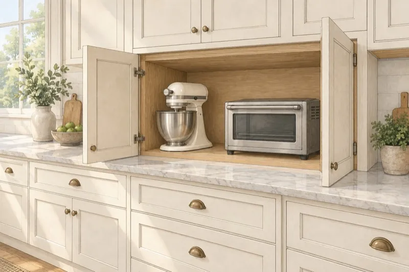 Hand-drawn deep appliance garage with open doors, a plain stand mixer and a plain toaster oven fully inside.