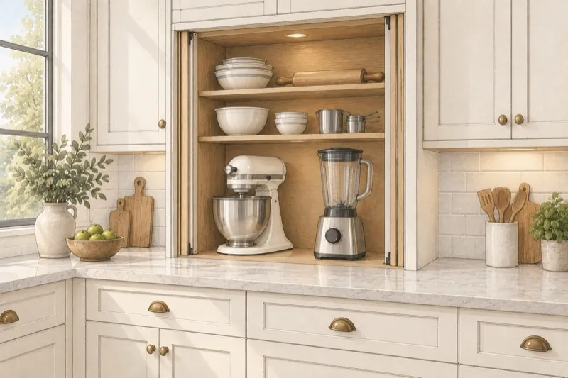 Hand-drawn tall cabinet standing on the counter, with pocket doors retracted and a plain stand mixer and tall blender inside.