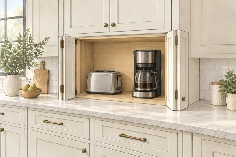Hand-drawn kitchen illustration with two-panel bifold doors folded open at both sides of a toaster and coffee maker.