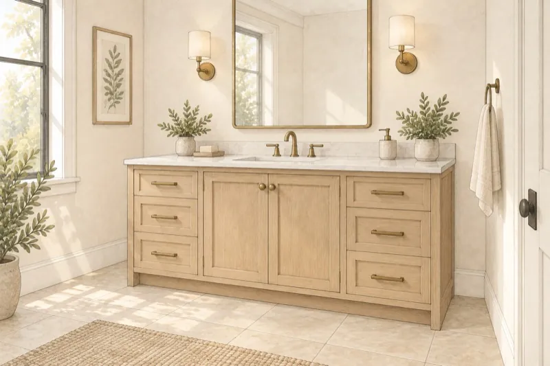Hand-drawn bright bathroom with a wood vanity cabinet, light stone top, one undermount sink, a mirror above and a tile floor.