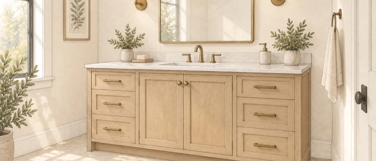 Hand-drawn bright bathroom with a wood vanity cabinet, light stone top, one undermount sink, a mirror above and a tile floor.