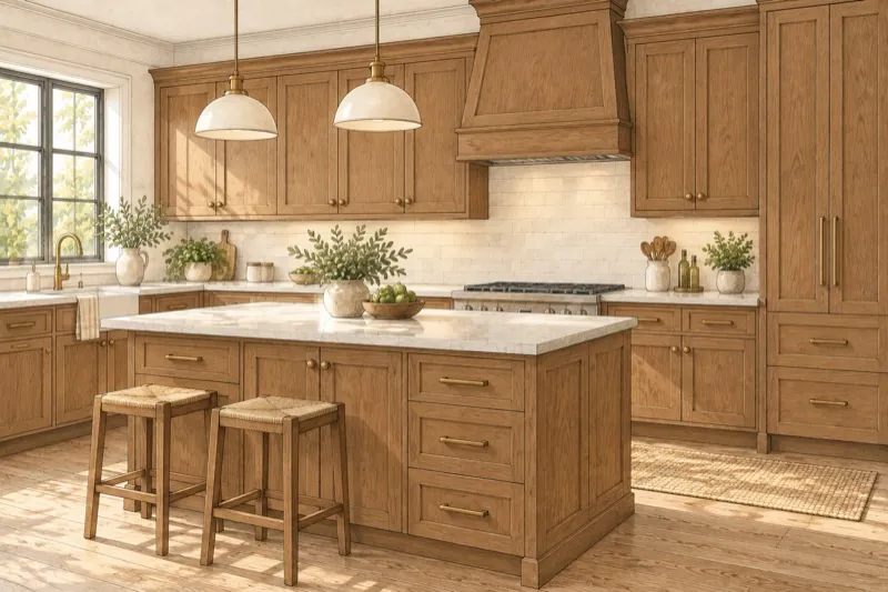 Hand-drawn bright kitchen with natural stained wood cabinet fronts, a light stone countertop, an island and daylight from a window.