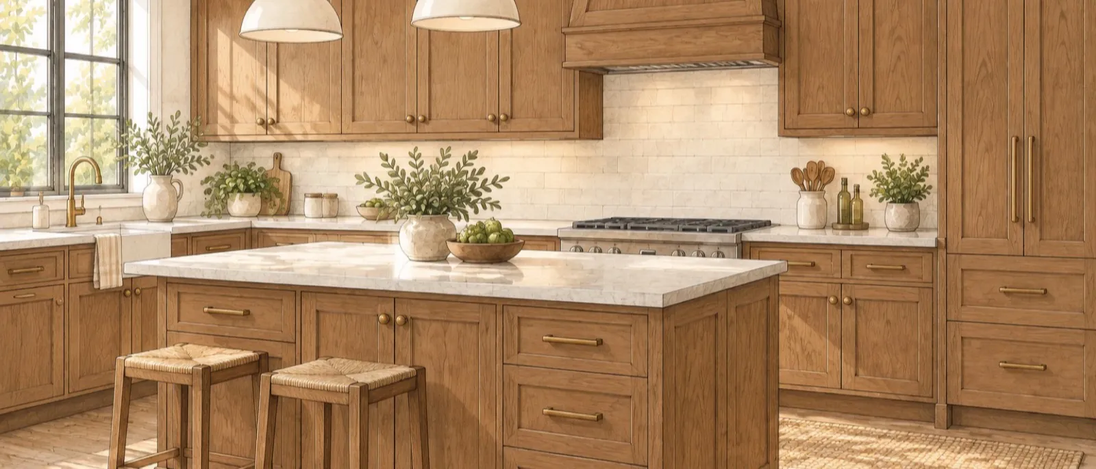 Hand-drawn bright kitchen with natural stained wood cabinet fronts, a light stone countertop, an island and daylight from a window.