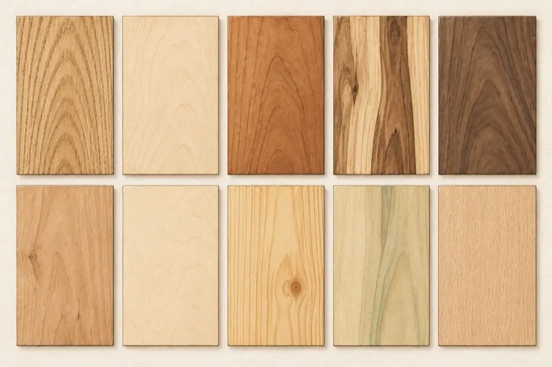 Oak, maple, cherry, hickory, walnut, alder, birch, pine, poplar and beech wood sample panels.
