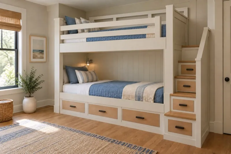 Bright built-in bunk room with two stacked twin beds, a staircase with drawers, wood guardrails on both sides of the upper bunk and no people.