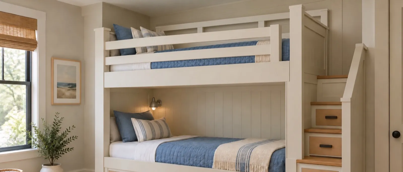 Bright built-in bunk room with two stacked twin beds, a staircase with drawers, wood guardrails on both sides of the upper bunk and no people.