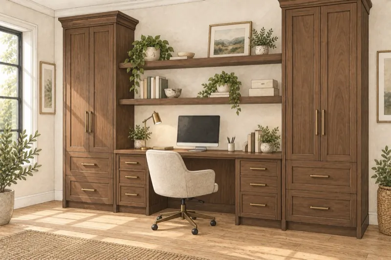 Hand-drawn bright home office with a dark walnut built-in desk between two storage towers, open shelves above, a desk chair and one monitor.