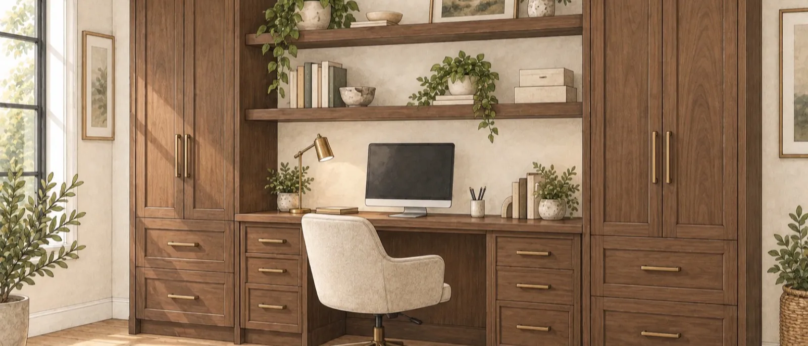 Hand-drawn bright home office with a dark walnut built-in desk between two storage towers, open shelves above, a desk chair and one monitor.