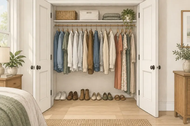 Hand-drawn sketch of a bedroom reach-in closet with its doors open, one rod of hanging clothes, a shelf of baskets above, and shoes below