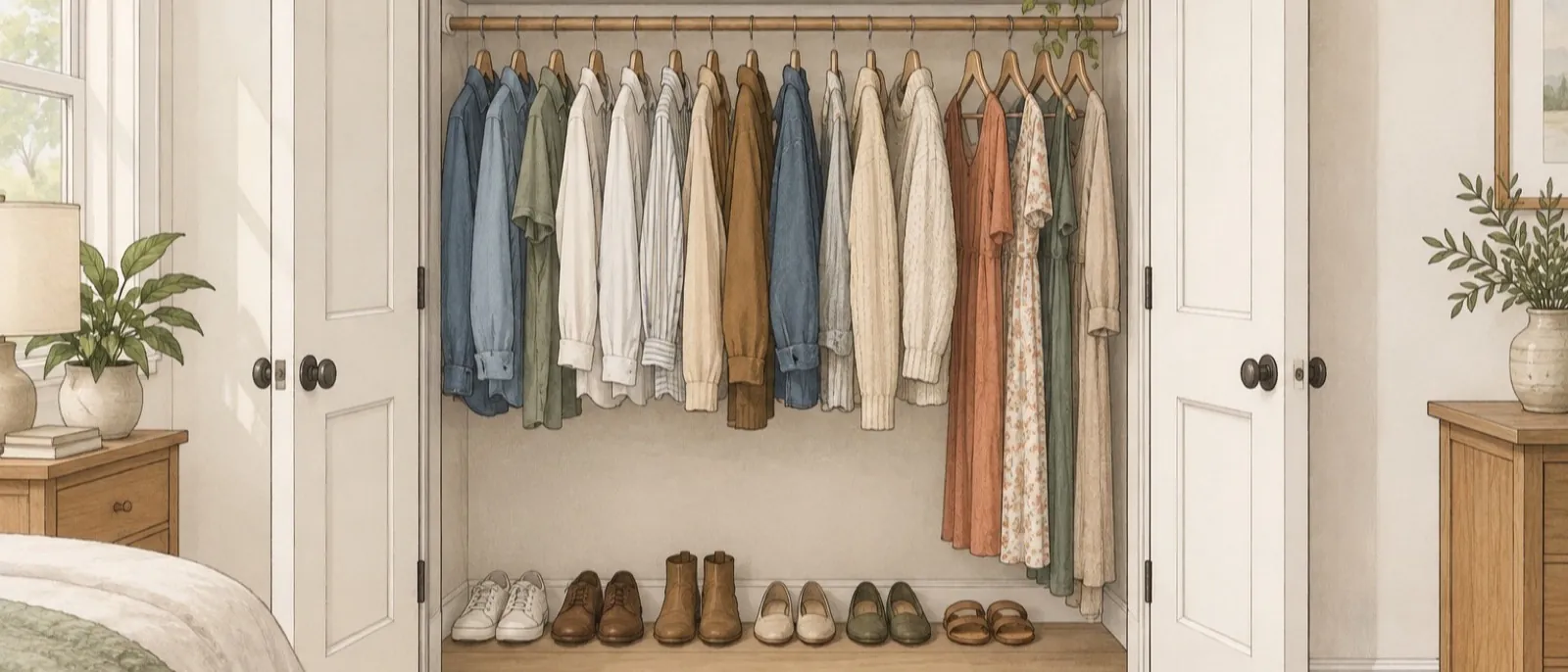 Hand-drawn sketch of a bedroom reach-in closet with its doors open, one rod of hanging clothes, a shelf of baskets above, and shoes below
