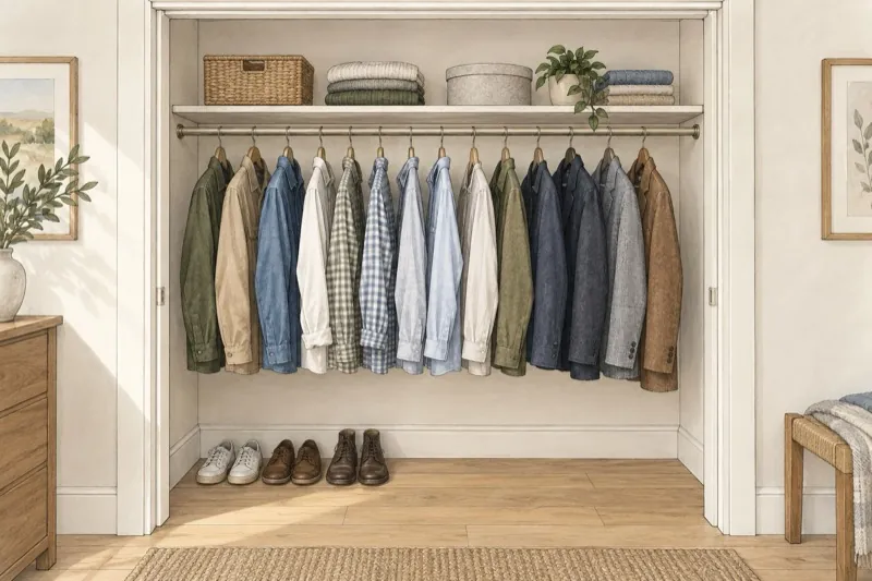 Reach-in closet with one full-width hanging rod, long clothes below it and a shelf above.