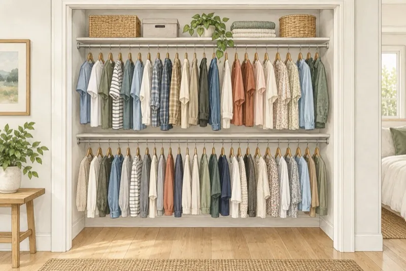 Reach-in closet with two rows of short hanging clothes and a shelf above the upper rod.