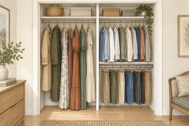 Reach-in closet with long clothes on one side and two rows of shorter clothes on the other.