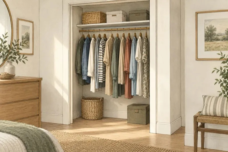 Shallow reach-in closet with hanging clothes on a single rod and a shelf above.
