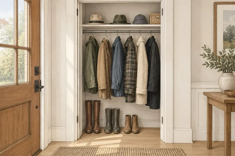Entry closet with coats hanging from one rod and a shelf above.
