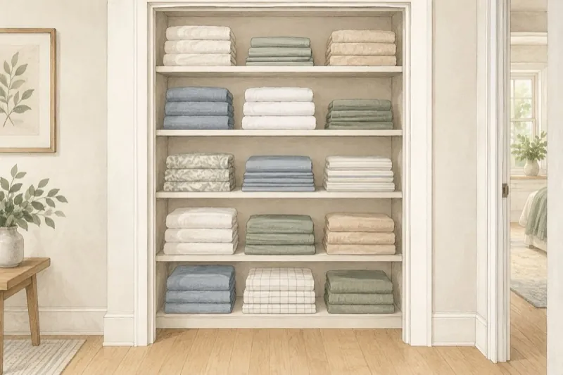 Linen closet with folded towels, sheet sets, blankets and containers arranged on shelves.