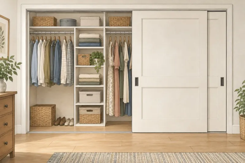 Wide reach-in closet with three sliding door panels, hanging clothes and shelves visible through the open sections.