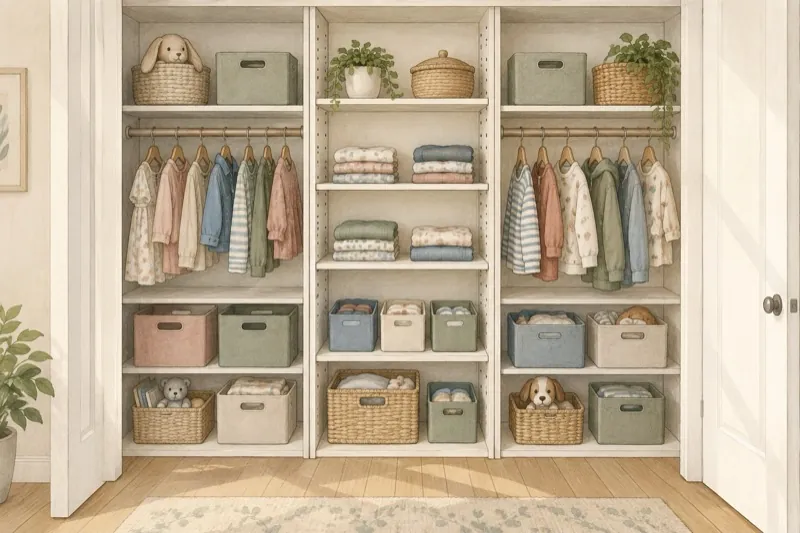 Kids' reach-in closet with adjustable rods, short clothes and shelves for folded items.