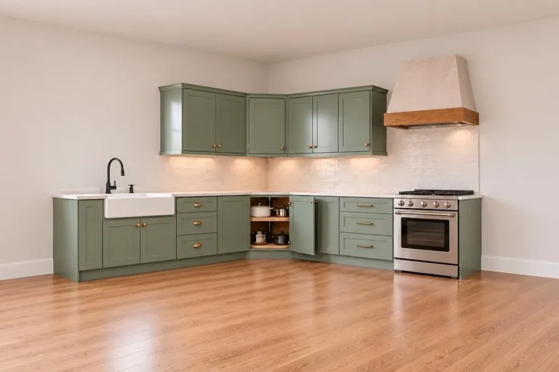 Rendering of a finished sage-green kitchen corner with an open corner base cabinet and a diagonal wall cabinet above.
