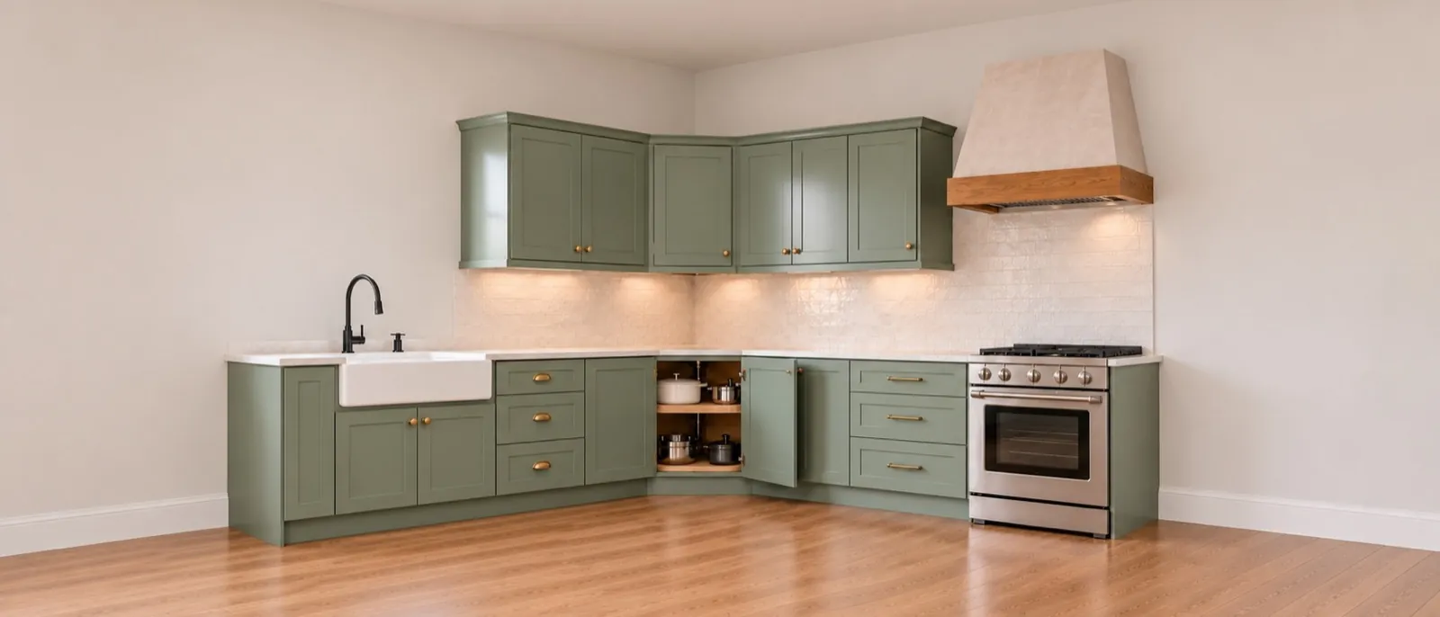 Rendering of a finished sage-green kitchen corner with an open corner base cabinet and a diagonal wall cabinet above.