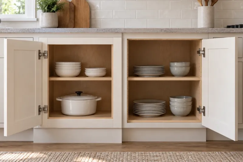 Rendering of 2 open cabinets in one finished kitchen run, with a face frame on the left cabinet and finished box edges on the frameless cabinet beside it.