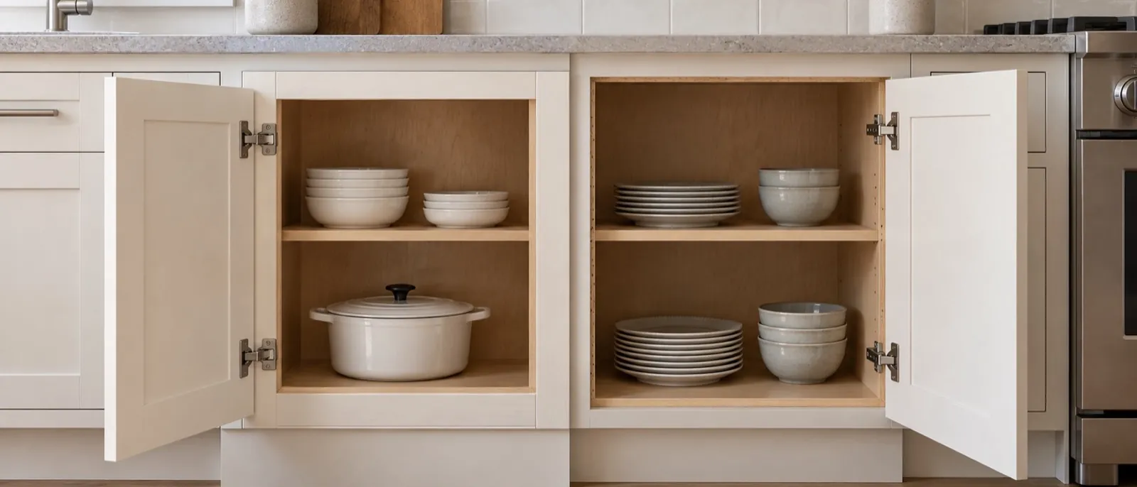 Rendering of 2 open cabinets in one finished kitchen run, with a face frame on the left cabinet and finished box edges on the frameless cabinet beside it.