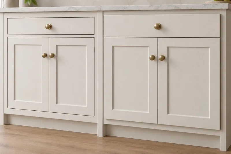 Angled close-up of two matching off-white base cabinets, with inset drawer and doors inside a visible frame on the left and full-overlay fronts covering the frame on the right.