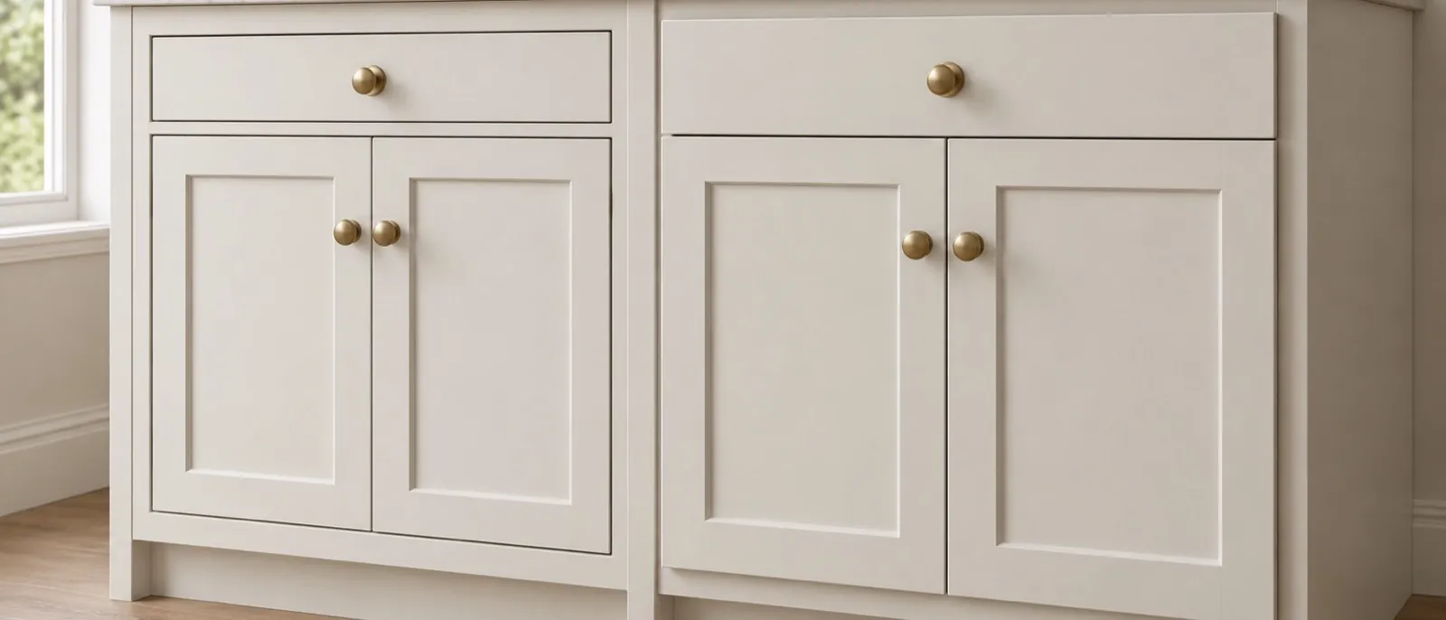 Angled close-up of two matching off-white base cabinets, with inset drawer and doors inside a visible frame on the left and full-overlay fronts covering the frame on the right.