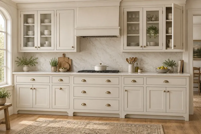 Architectural illustration of one kitchen wall with inset cabinet doors and drawer fronts fitted inside visible face-frame openings.