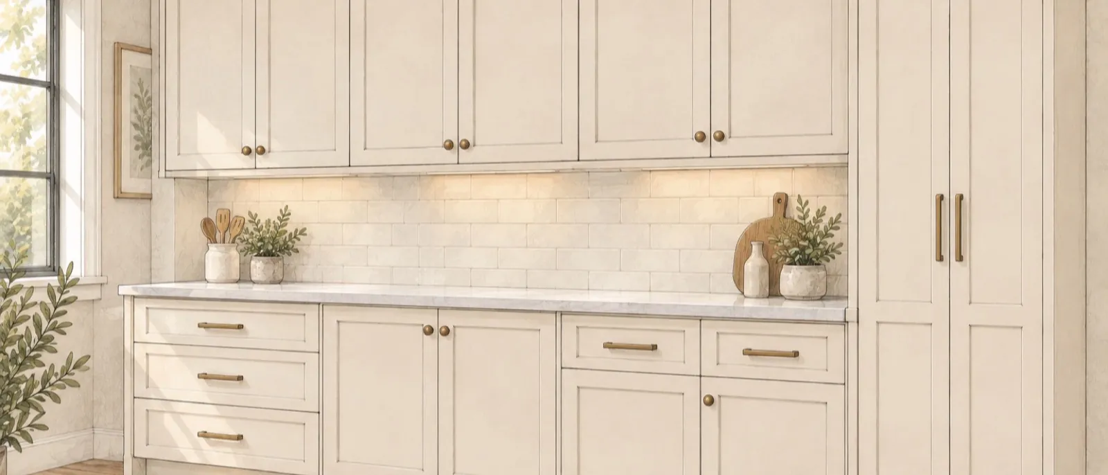 Hand-drawn bright kitchen wall with base cabinets, a clear counter gap, wall cabinets to crown molding and one tall pantry cabinet at the end.