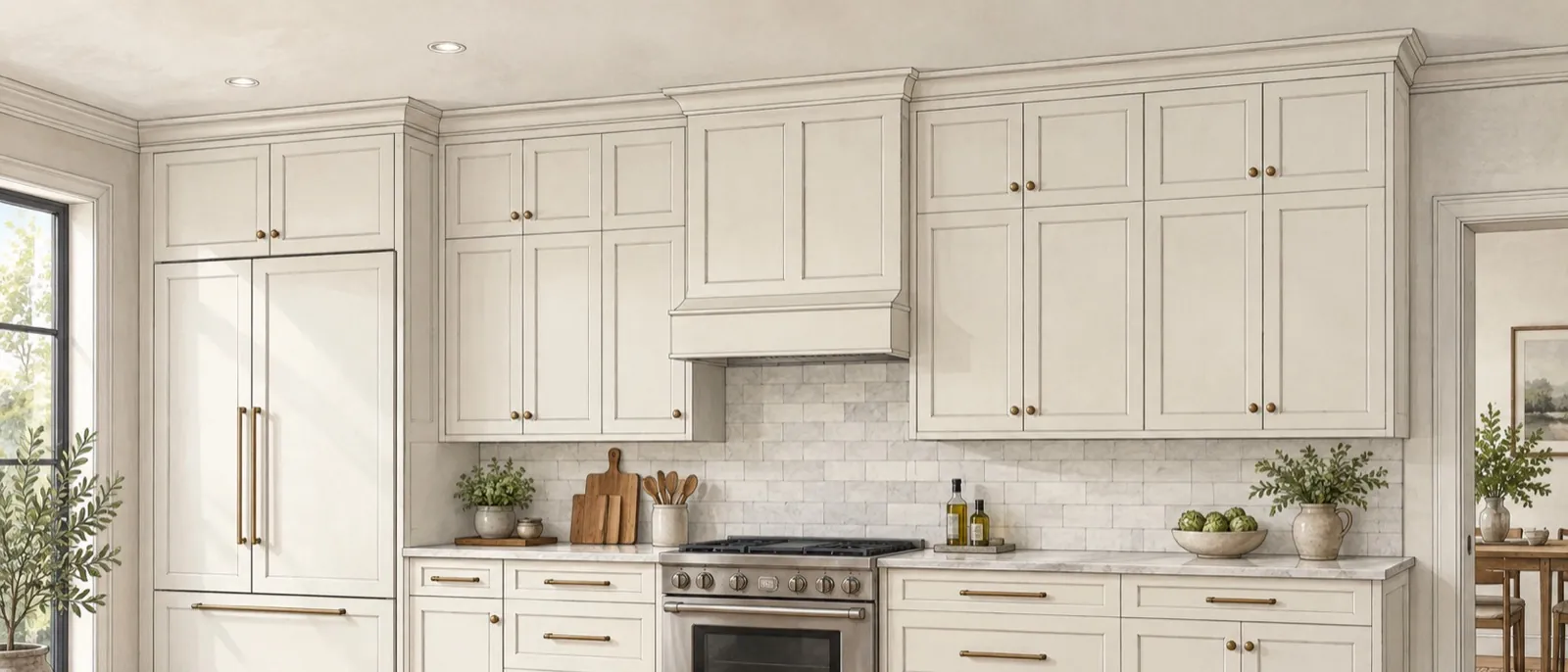 Illustration of wall cabinets with a stacked upper row and crown that meet the ceiling in a finished kitchen.