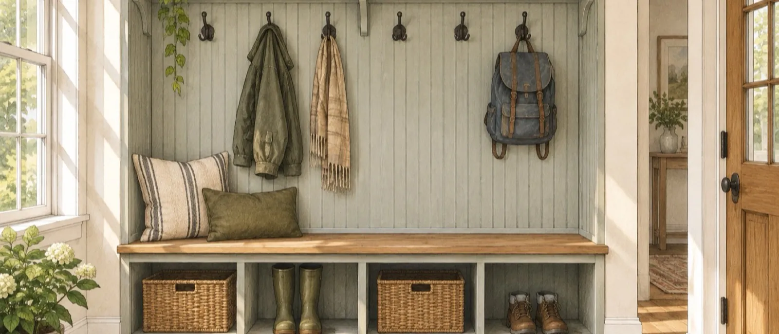 Hand-drawn sketch of a built-in mudroom bench with open cubbies below, coat hooks on a beadboard wall, and a shelf above