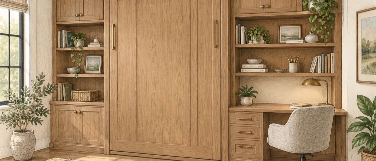 Hand-drawn bright bedroom-office with a vertical Murphy bed folded inside built-in wood cabinetry, side cabinets, open shelves and a desk.