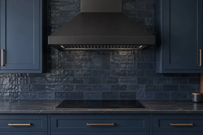 Rendering of a straight-on navy kitchen wall with a black range hood above a black induction cooktop.