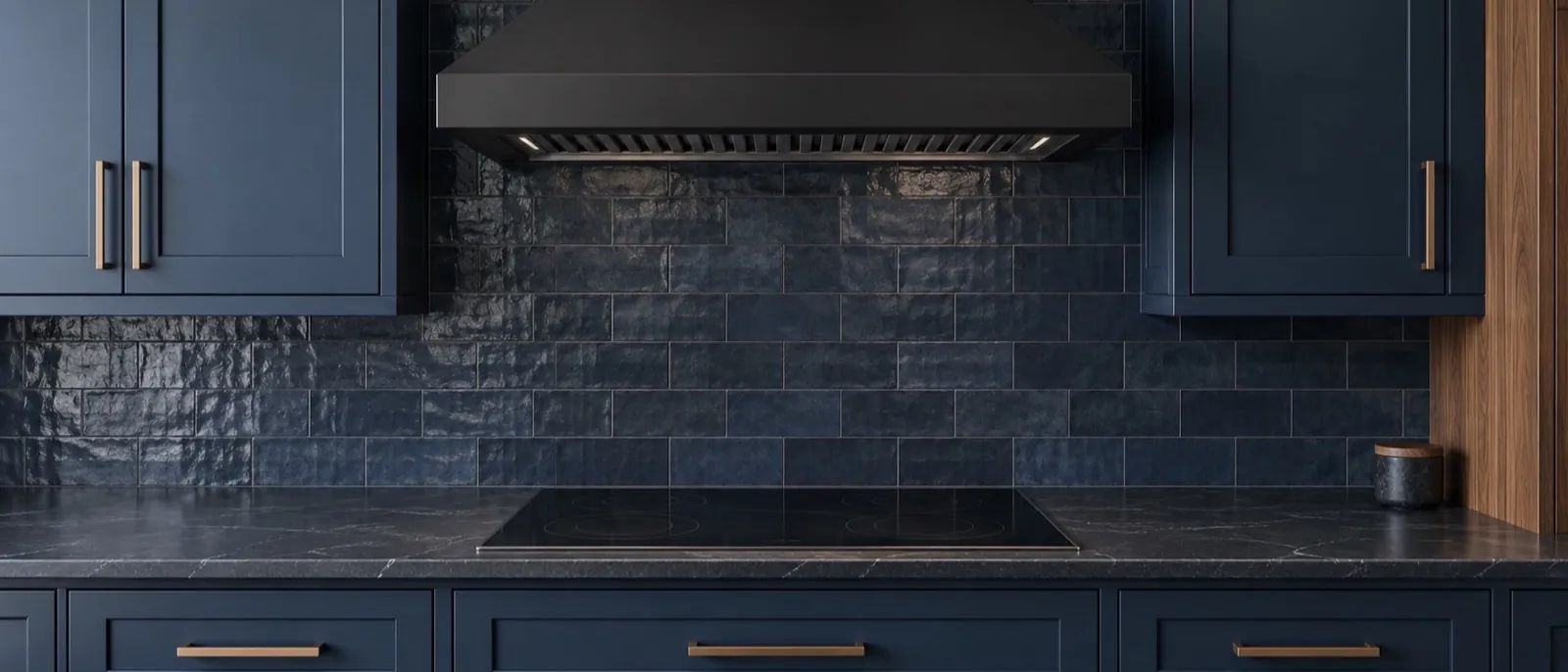 Rendering of a straight-on navy kitchen wall with a black range hood above a black induction cooktop.