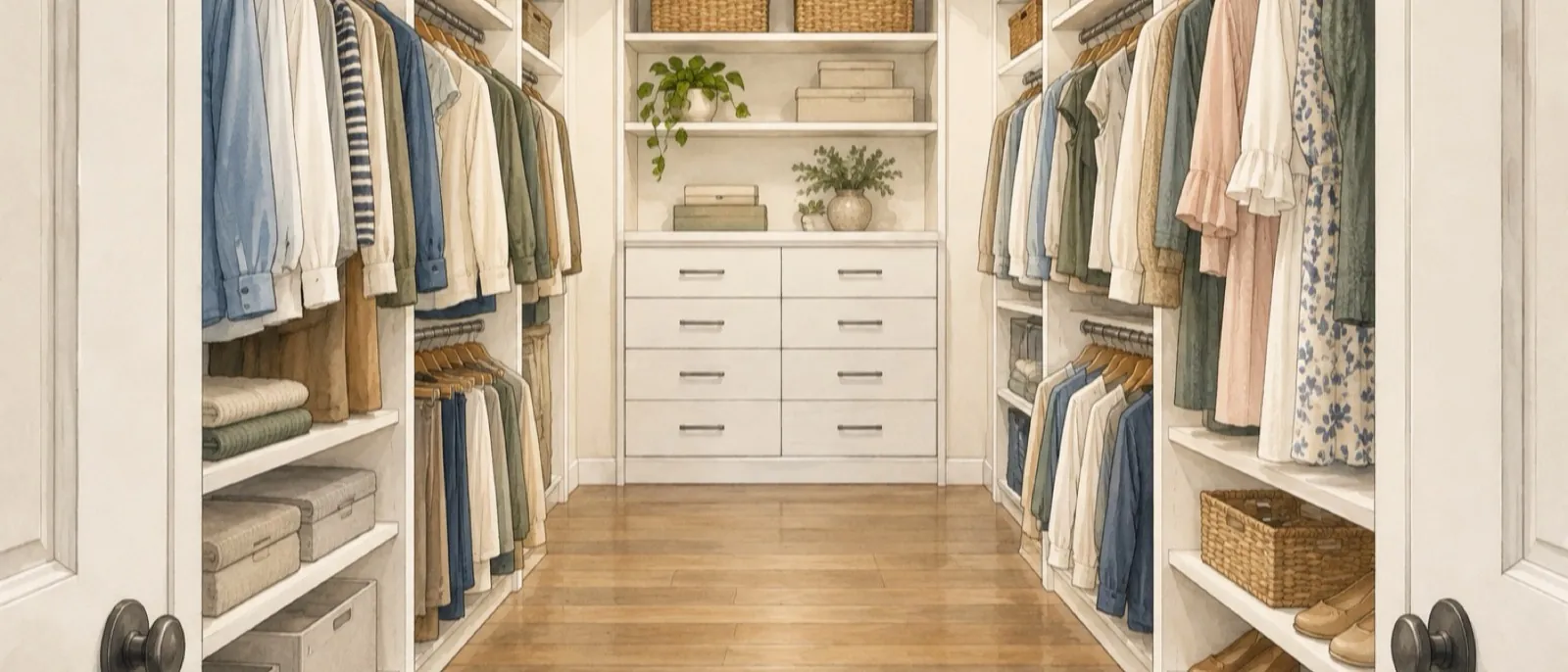 Hand-drawn sketch of a walk-in closet seen from the doorway, with hanging clothes on both sides, shelves above, a clear center aisle, and drawers on the far wall