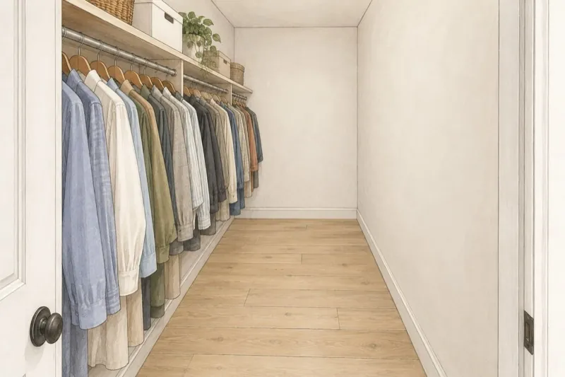 Illustration of a walk-in closet with storage along one wall and an open aisle in front.