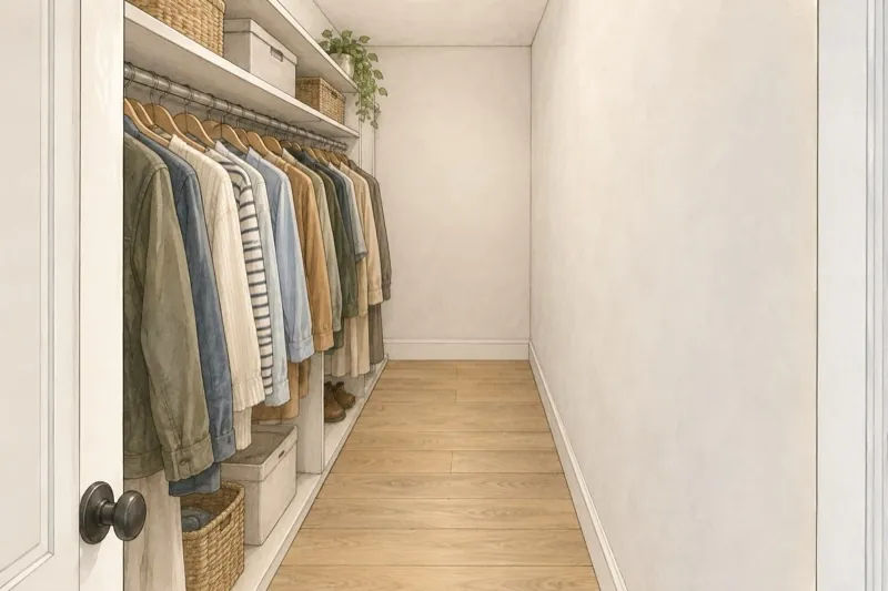 Illustration of a walk-in closet with storage along one wall and a tight aisle in front.