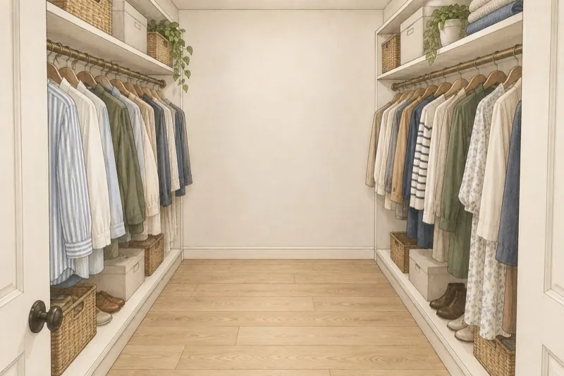Illustration of a walk-in closet with hanging storage on two opposed walls and an aisle between them.