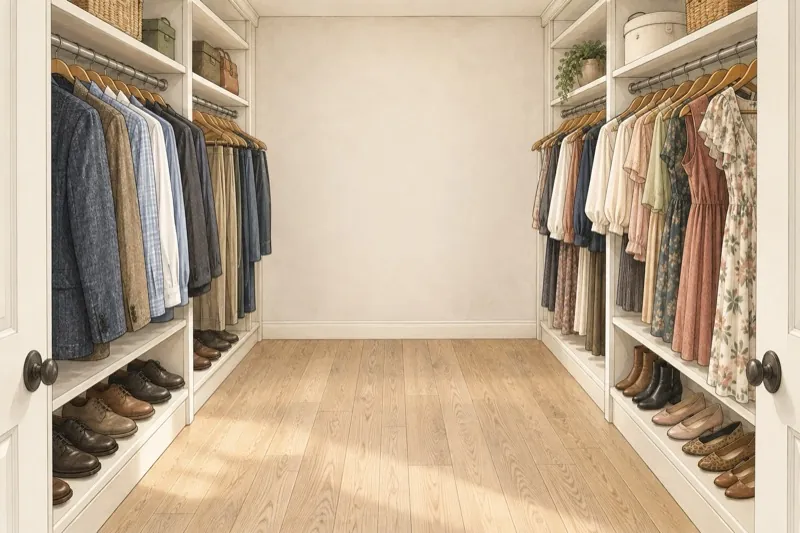 Illustration of a walk-in closet with one storage wall assigned to each user and an aisle between them.