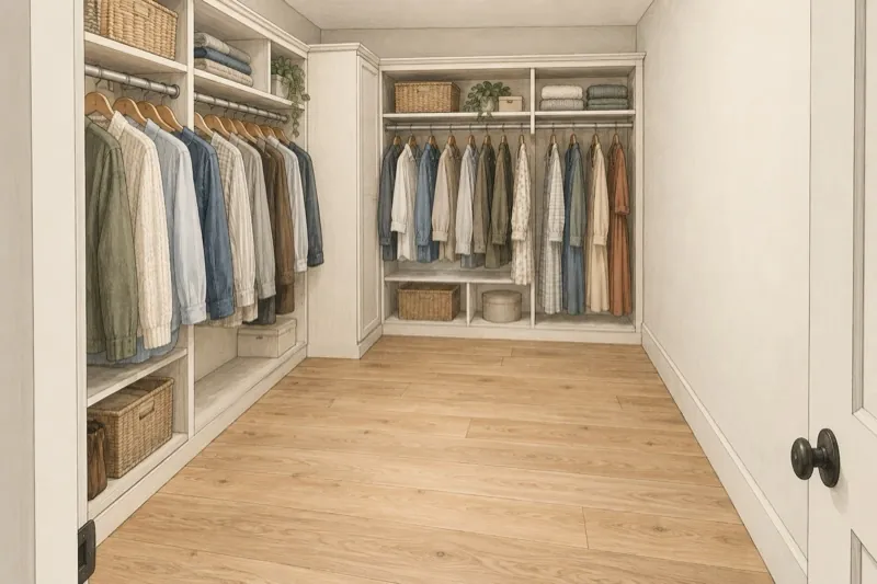 Illustration of a walk-in closet with storage on two adjoining walls and open floor space in front of both runs.