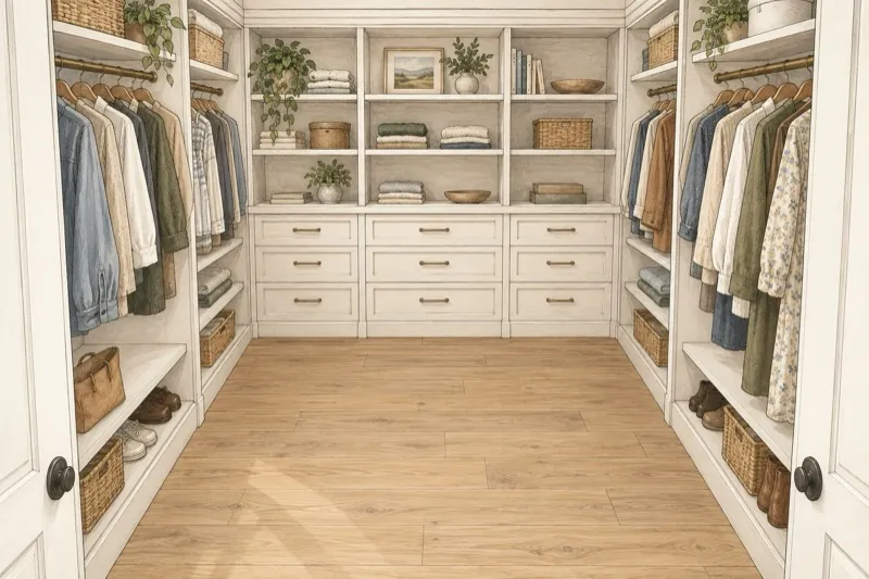 Illustration of a walk-in closet with storage on the back wall and both side walls.